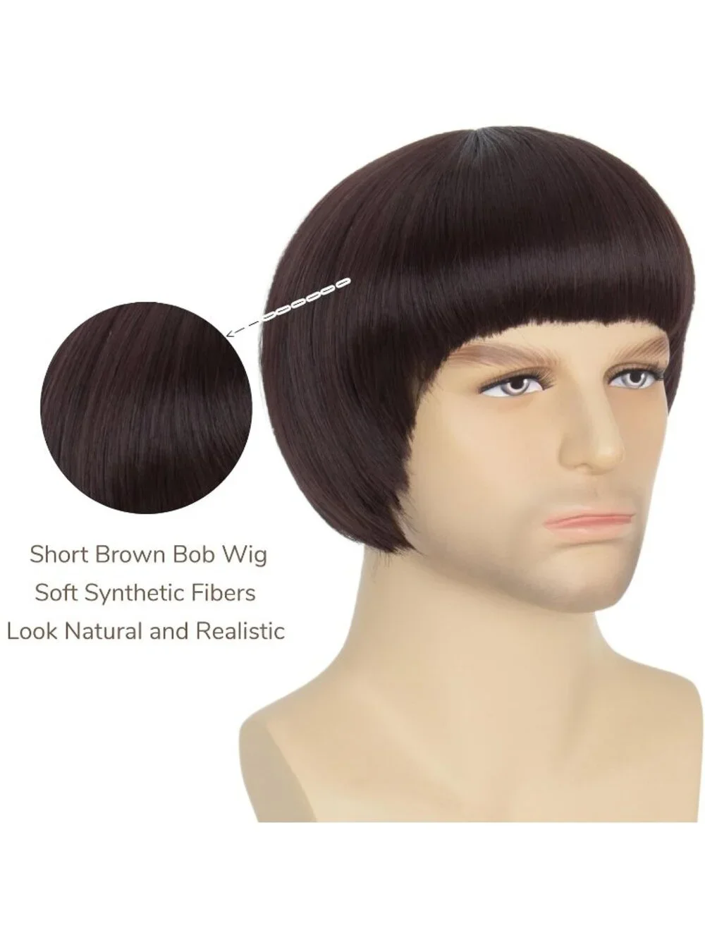 Men's Dark Brown Retro Bowl Cut Straight Synthetic Mushroom Hairpiece Bangs Wig